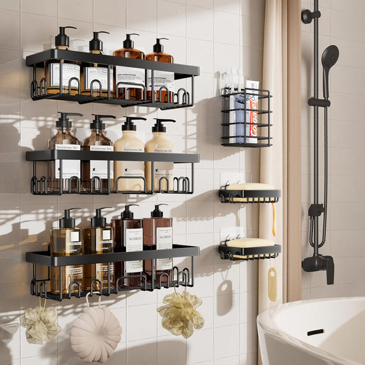 6-Pack Adhesive Shower Caddy - Rustproof Bathroom Organizer with Soap Holder (Black)