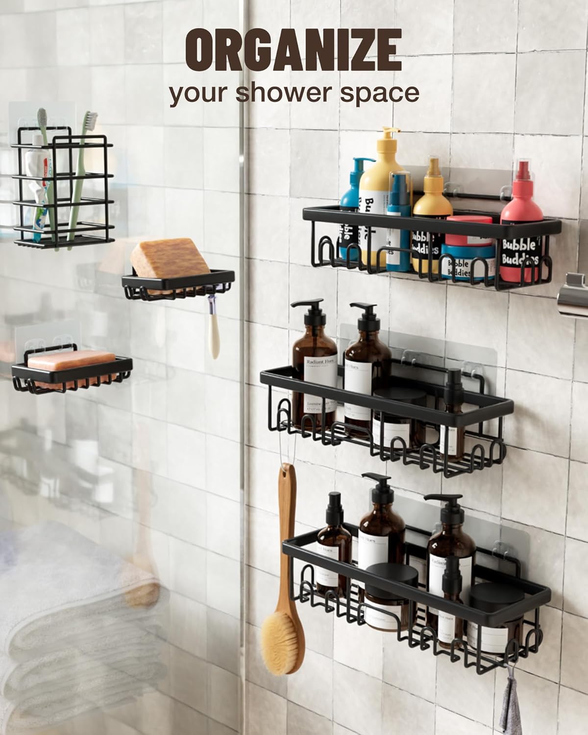 6-Pack Adhesive Shower Caddy – Rustproof Wall-Mounted Organizers with Soap Holder