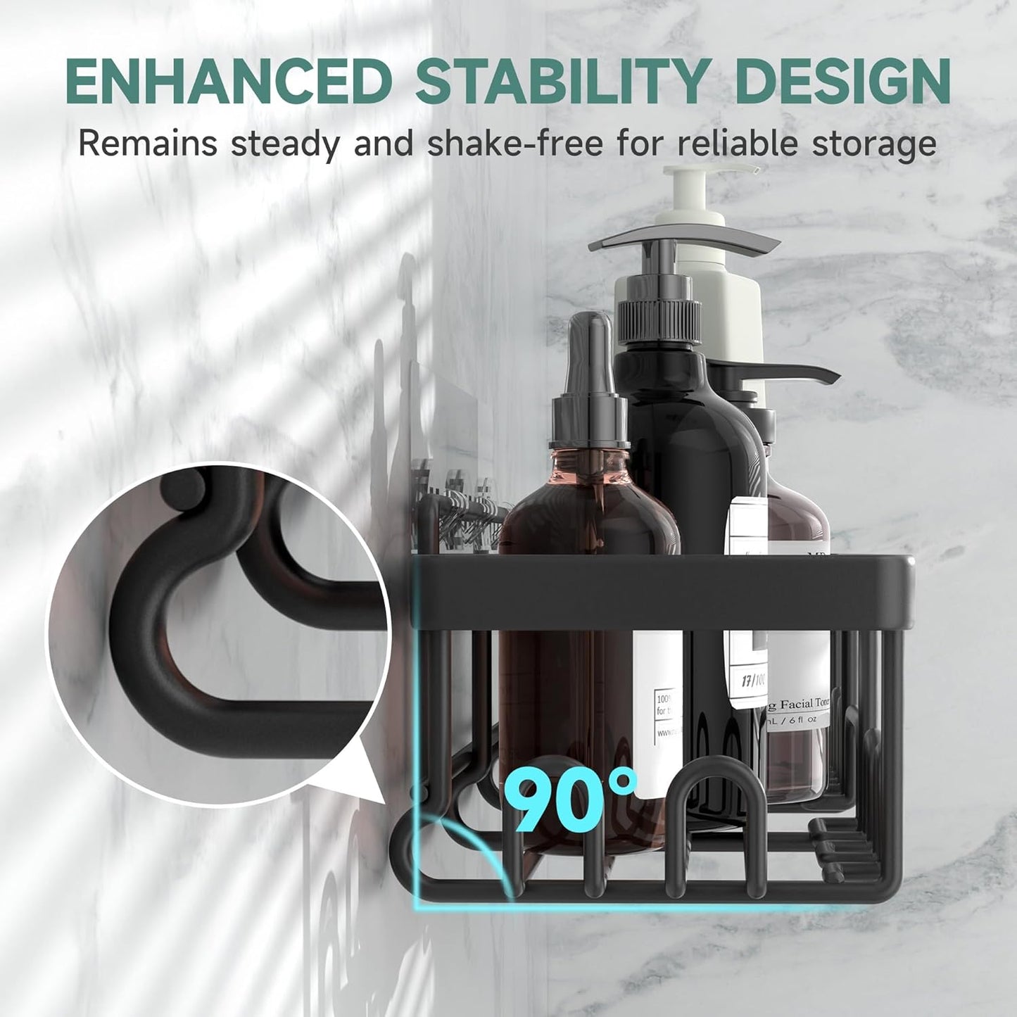 6-Pack Adhesive Shower Caddy - Rustproof Bathroom Organizer with Soap Holder (Black)