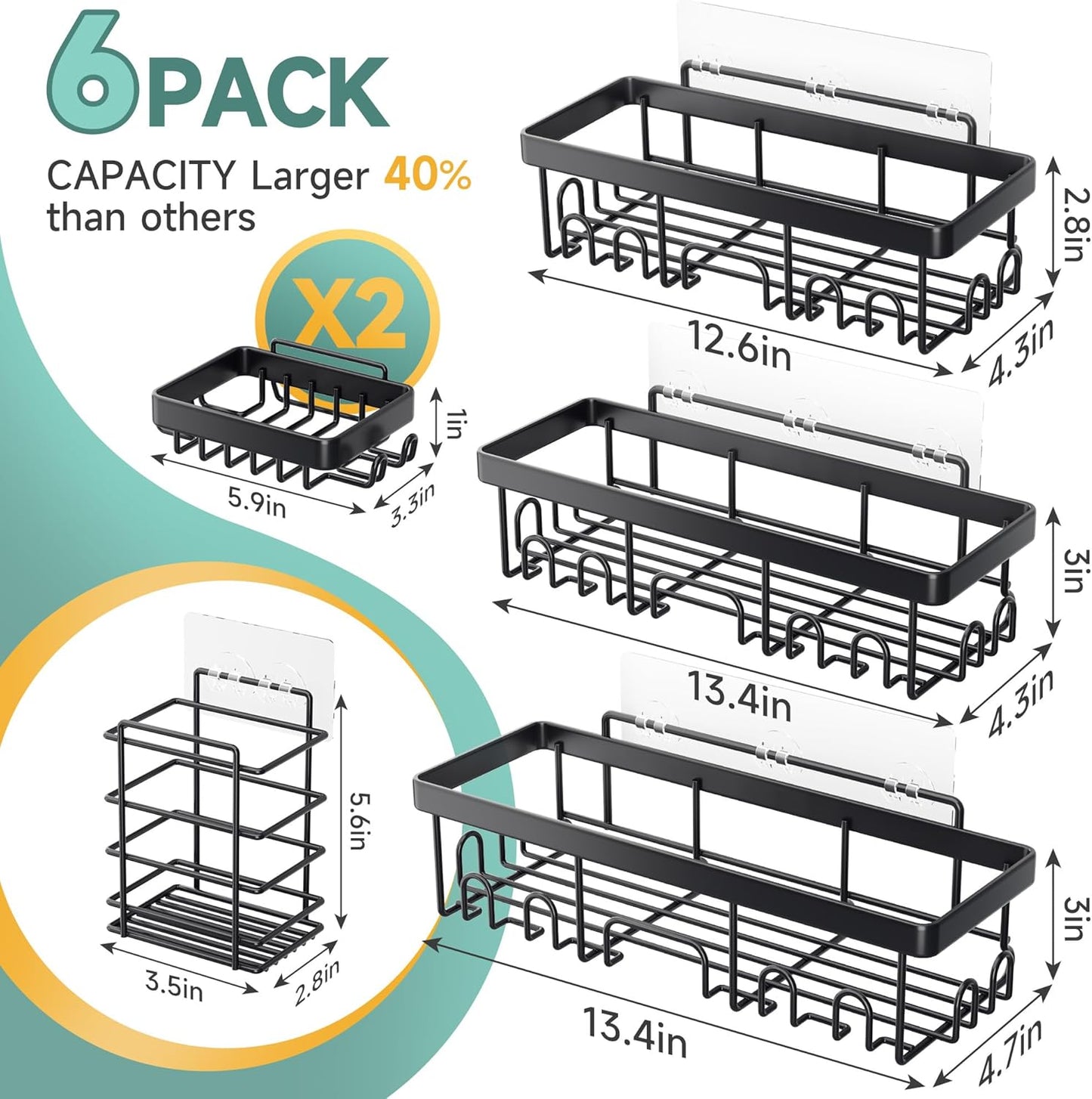 Adhesive Shower Caddy 6-Pack - Rustproof Wall-Mounted Bathroom Organizers with Soap Holder (Black)