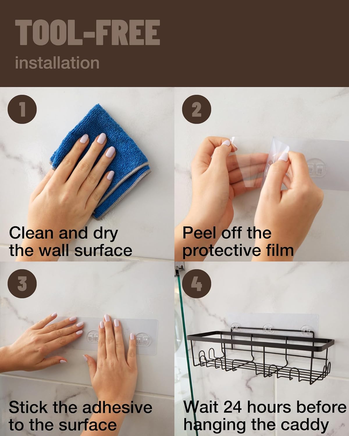 6-Pack Adhesive Shower Caddy – Rustproof Wall-Mounted Organizers with Soap Holder