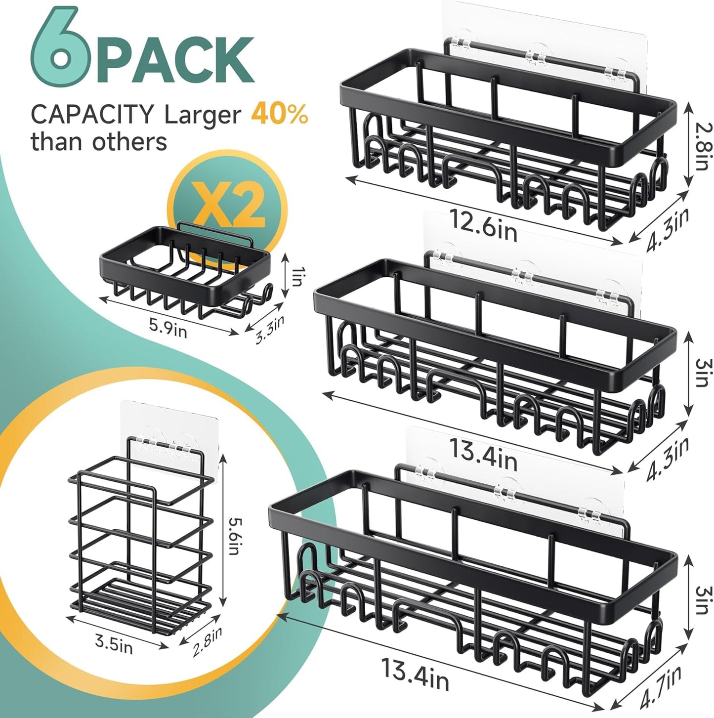 6-Pack Adhesive Shower Caddy - Rustproof Bathroom Organizer with Soap Holder (Black)