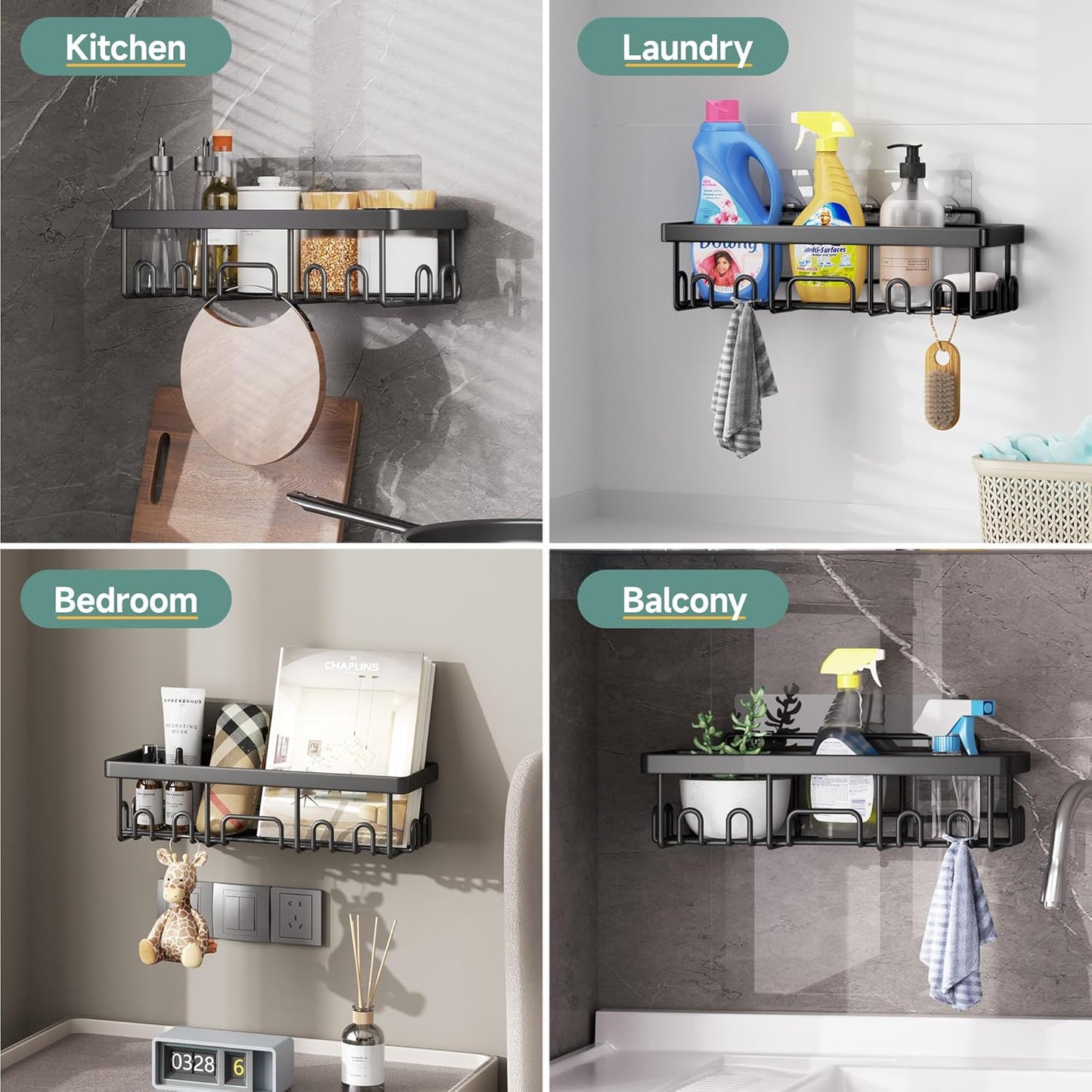 6-Pack Adhesive Shower Caddy - Rustproof Bathroom Organizer with Soap Holder (Black)