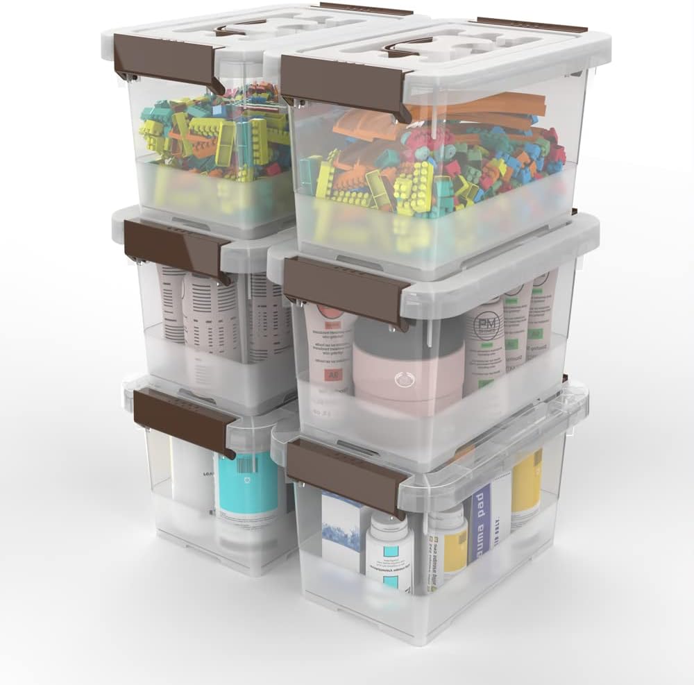 Clear Storage Bins with Latching Handles, 6-Pack Organizer Boxes with Lids, 3.5 Quart