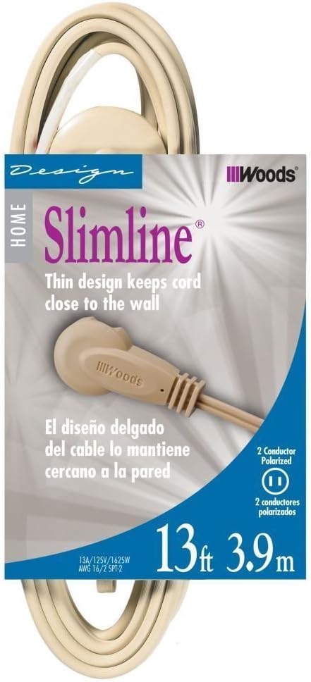 Woods SlimLine 2240 Flat Plug Extension Cord, 2-Wire, 13-Foot, Beige