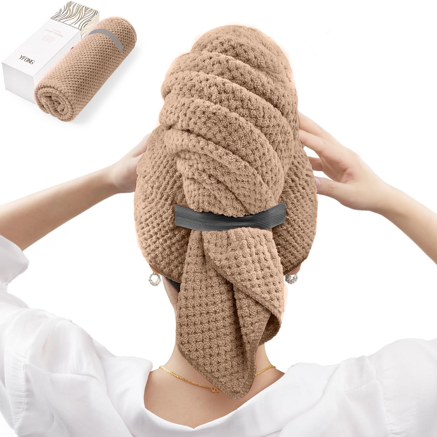Large Microfiber Hair Towel Wrap – Super Absorbent Hair Plopping Towel for Curly & Long Hair, 26.3" x 40", Brown