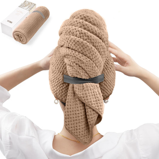 Large Microfiber Hair Towel Wrap – Super Absorbent Hair Plopping Towel for Curly & Long Hair, 26.3" x 40", Brown