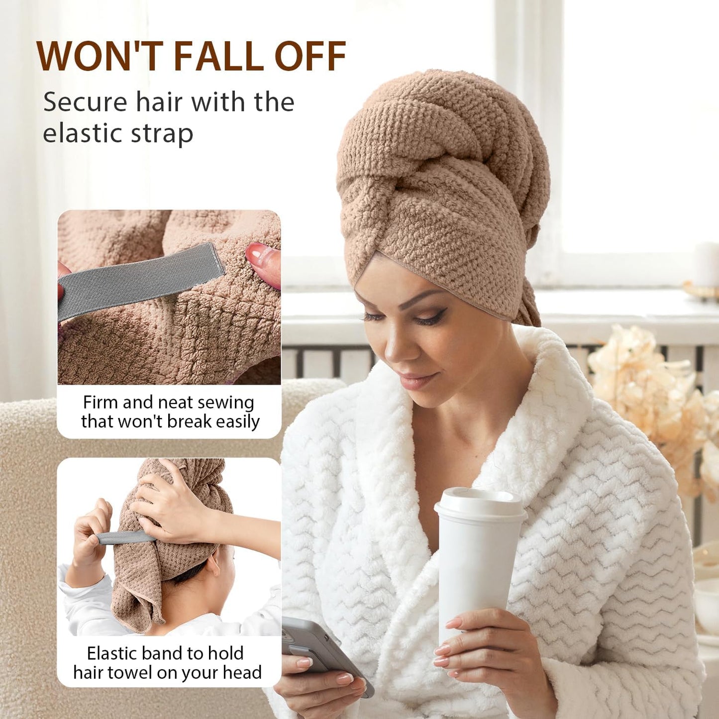 Large Microfiber Hair Towel Wrap – Super Absorbent Hair Plopping Towel for Curly & Long Hair, 26.3" x 40", Brown
