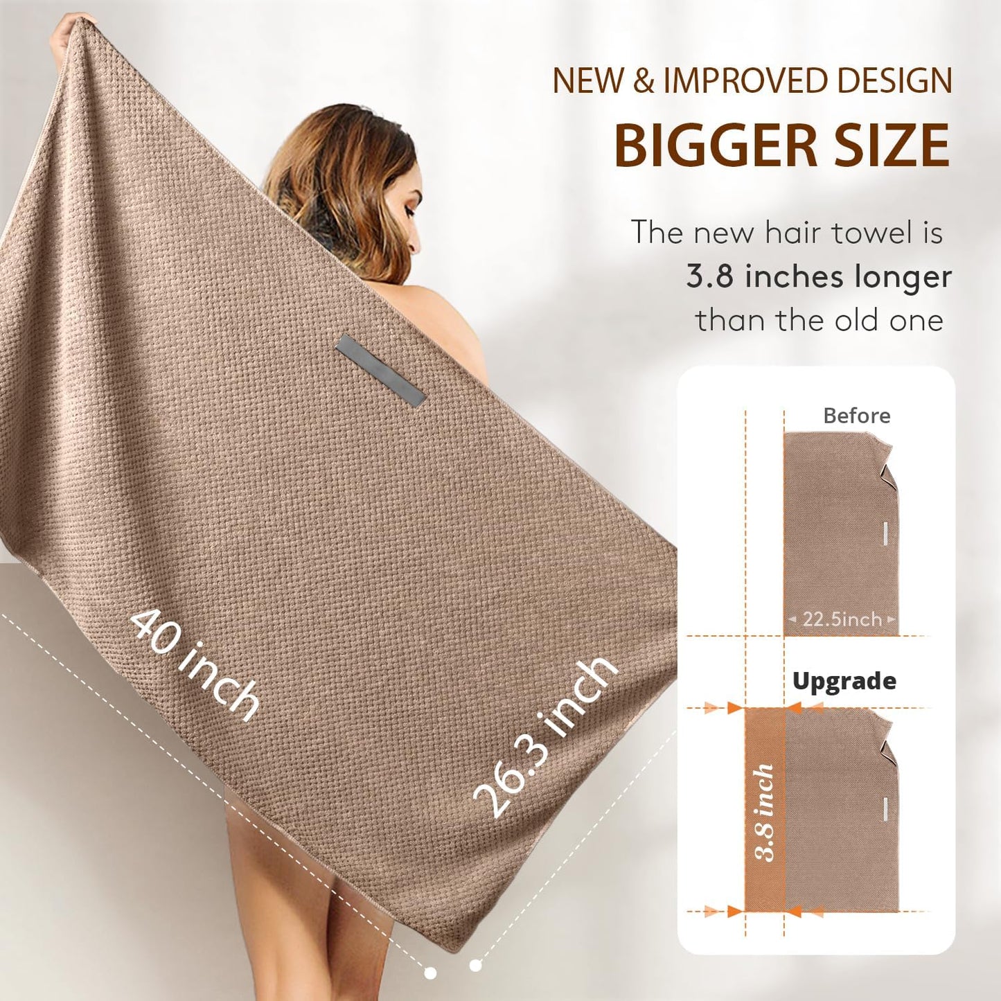Large Microfiber Hair Towel Wrap – Super Absorbent Hair Plopping Towel for Curly & Long Hair, 26.3" x 40", Brown