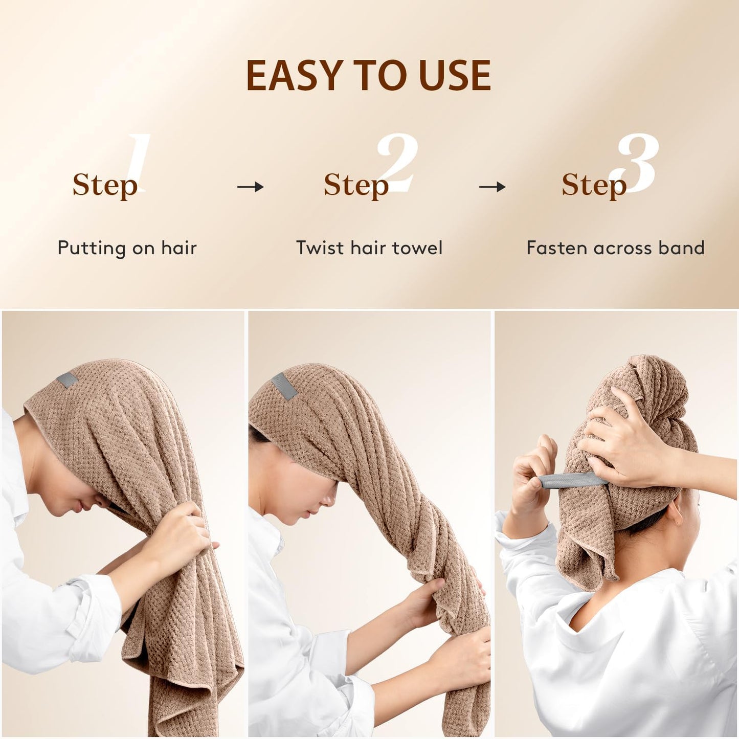 Large Microfiber Hair Towel Wrap – Super Absorbent Hair Plopping Towel for Curly & Long Hair, 26.3" x 40", Brown