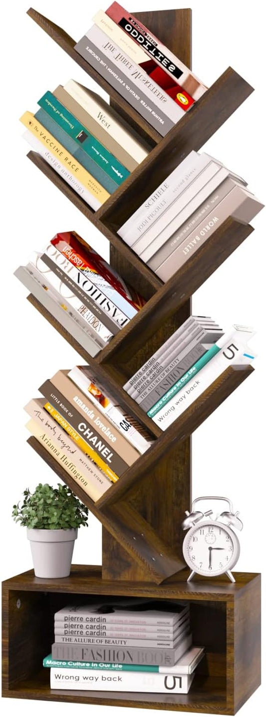 Tree Bookshelf – 6-Shelf Retro Floor Standing Bookcase, Tall Wood Storage Rack for CDs, Movies & Books (Bedroom, Living Room, Home Office)